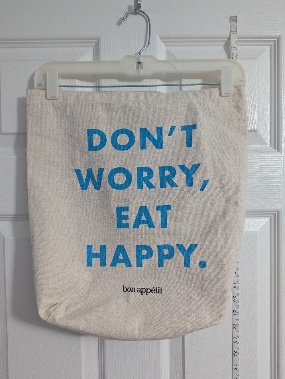 "Don't Worry, Eat Happy" Natural Canvas Tote with Blue Print